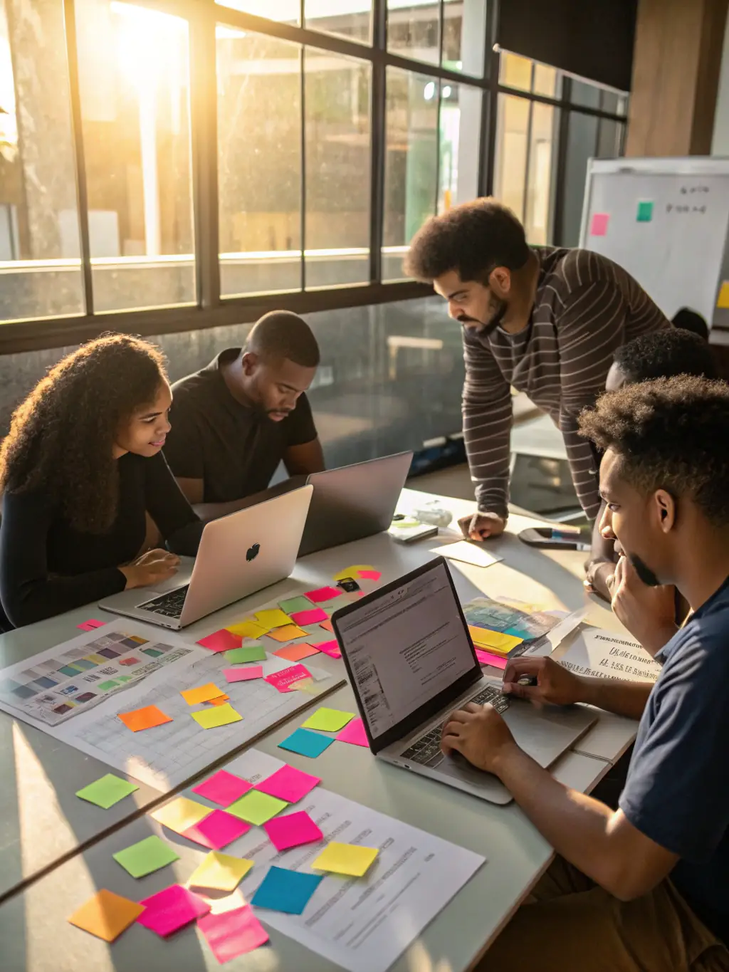 A team of software developers collaborating on a project, using a project management tool on a large screen, showcasing Uptech Solutions' expertise in project management software.